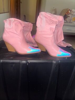 Cape Robbin Pink Over-the-Knee Western Boots with Iridescent Blue Toe